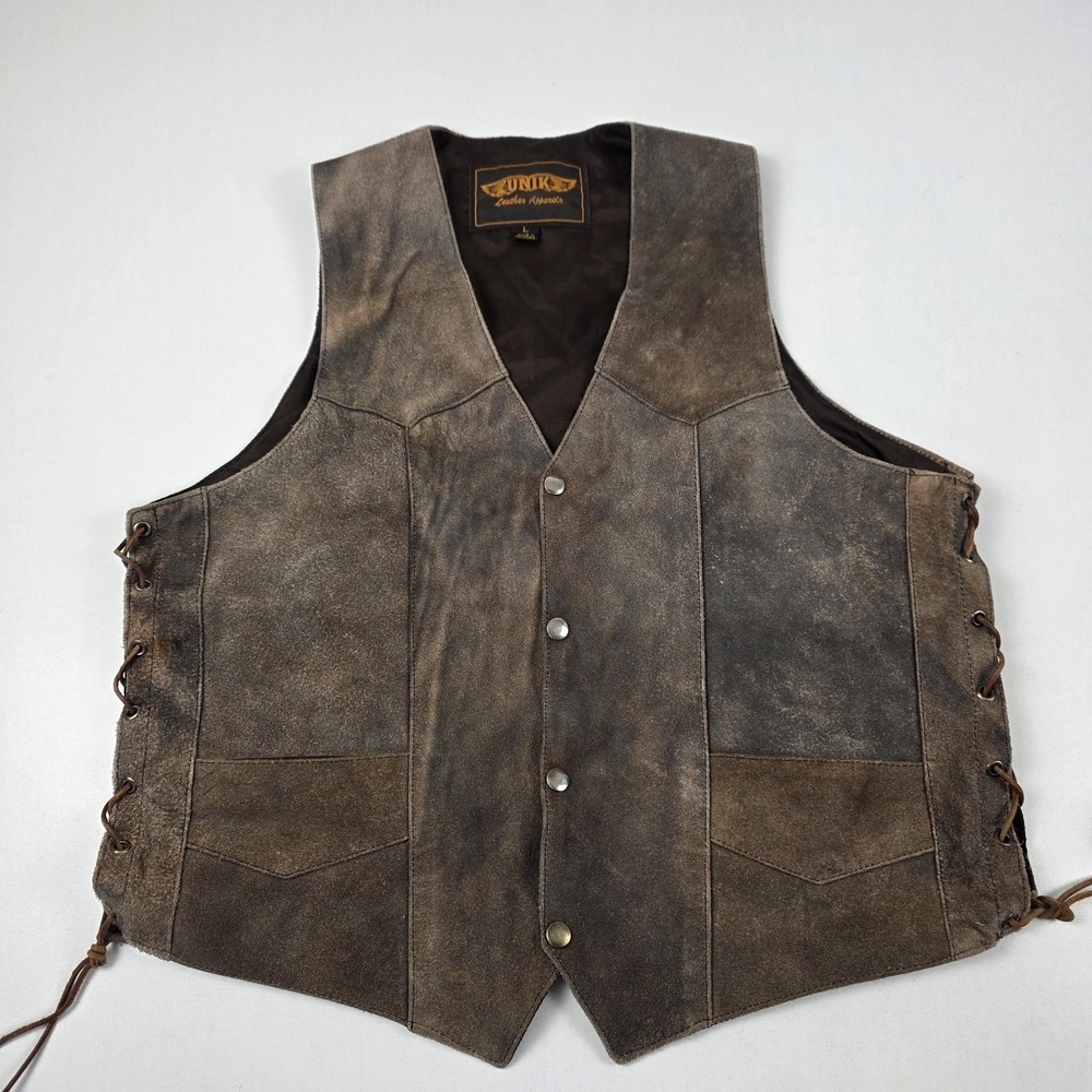 UNIK Vest Mens Large Brown Distressed Leather Biker Motorcycle Side Lace Snap